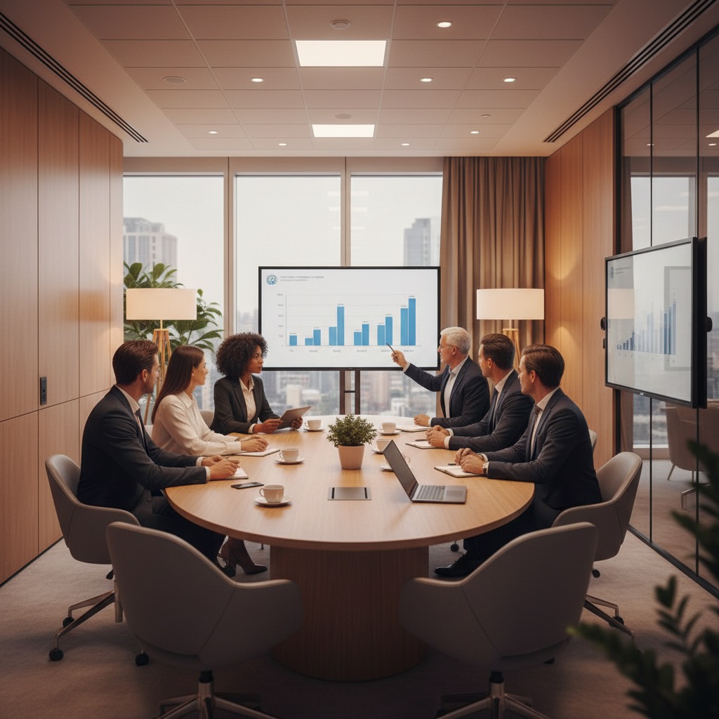Een diverse groep professionals zit rond een ovale vergadertafel in een moderne boardroom terwijl een man naar een scherm met grafieken wijst.